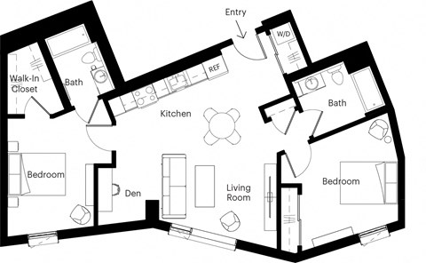 Floor plan for 2 beds, 2 baths, 939 sqft